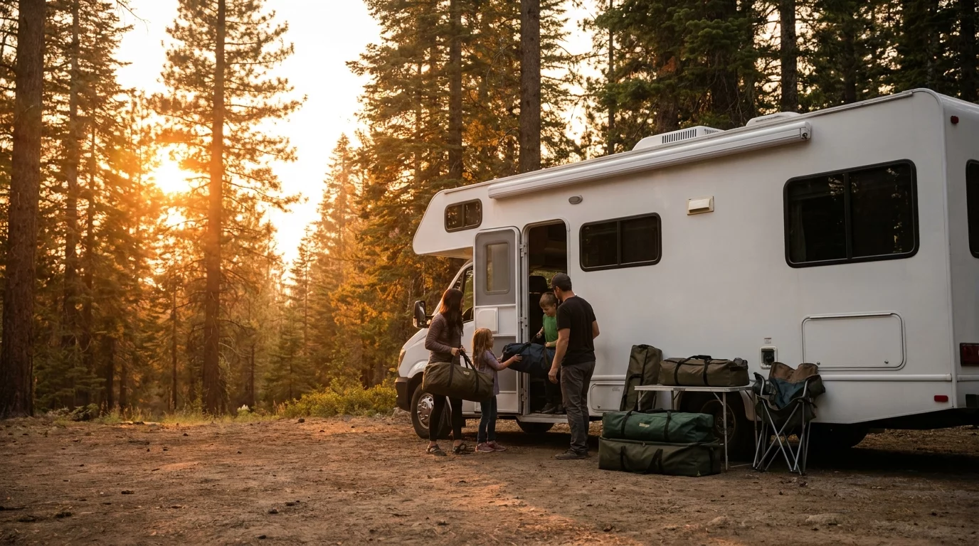 Famille devant camping-car equipe pret pour le voyage