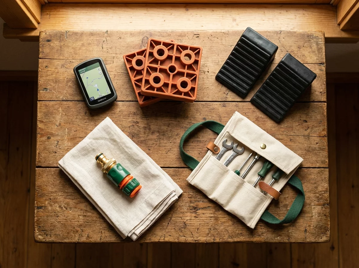 Selection accessoires camping-car sur table